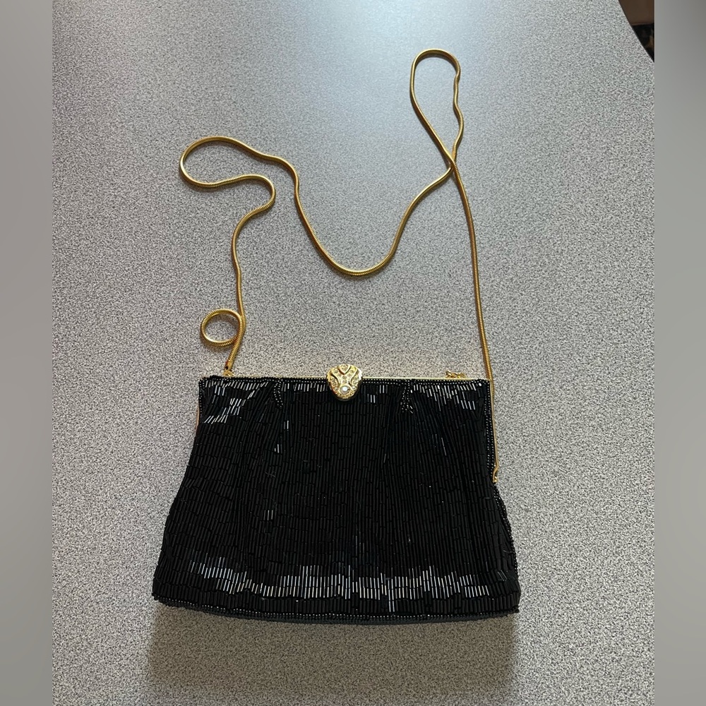 Vintage La Regale Black Beaded Gold Metal Framed Evening Bag